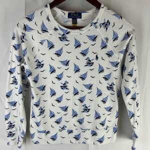 Polo Ralph Lauren Boys Spa Terry Sweatshirt White Blue Sailboats Bear Sz M 10-12